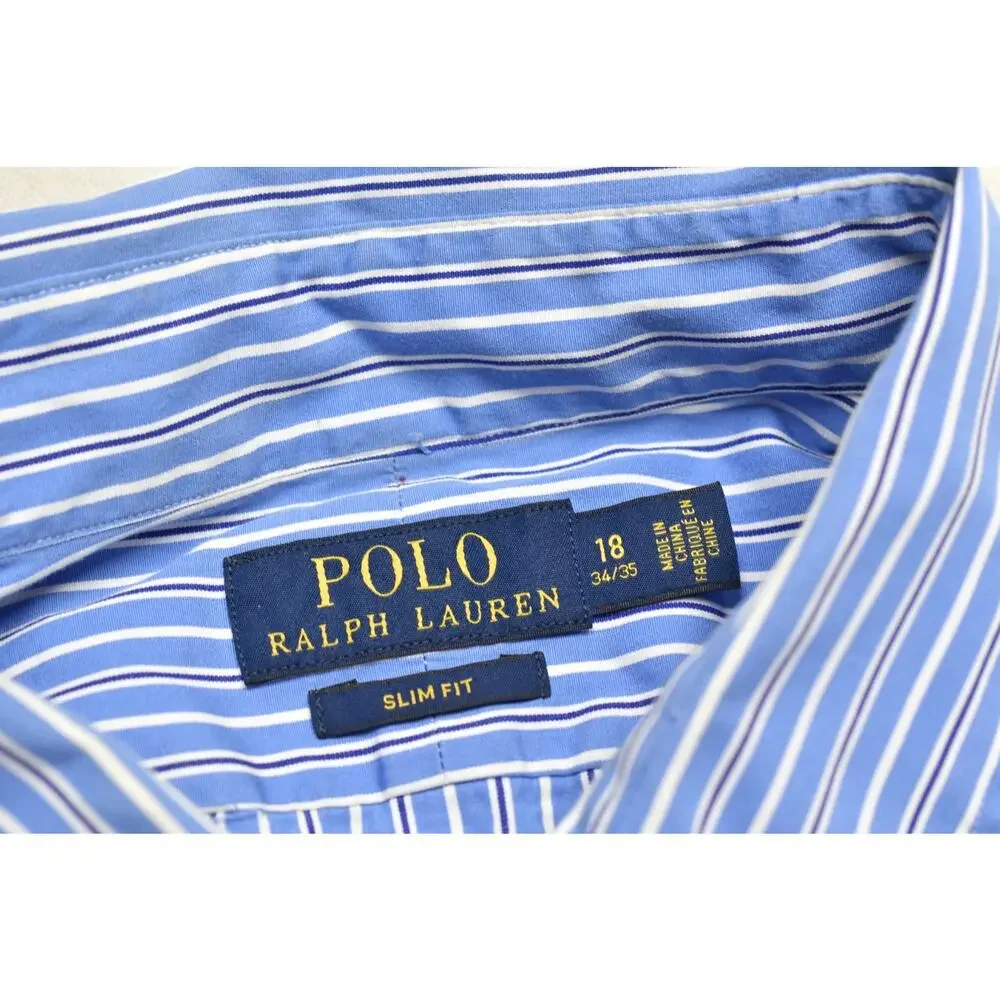 Polo Ralph Lauren Mens 18 34/35 Slim Fit Blue White Striped Dress Shirt Long Sle
